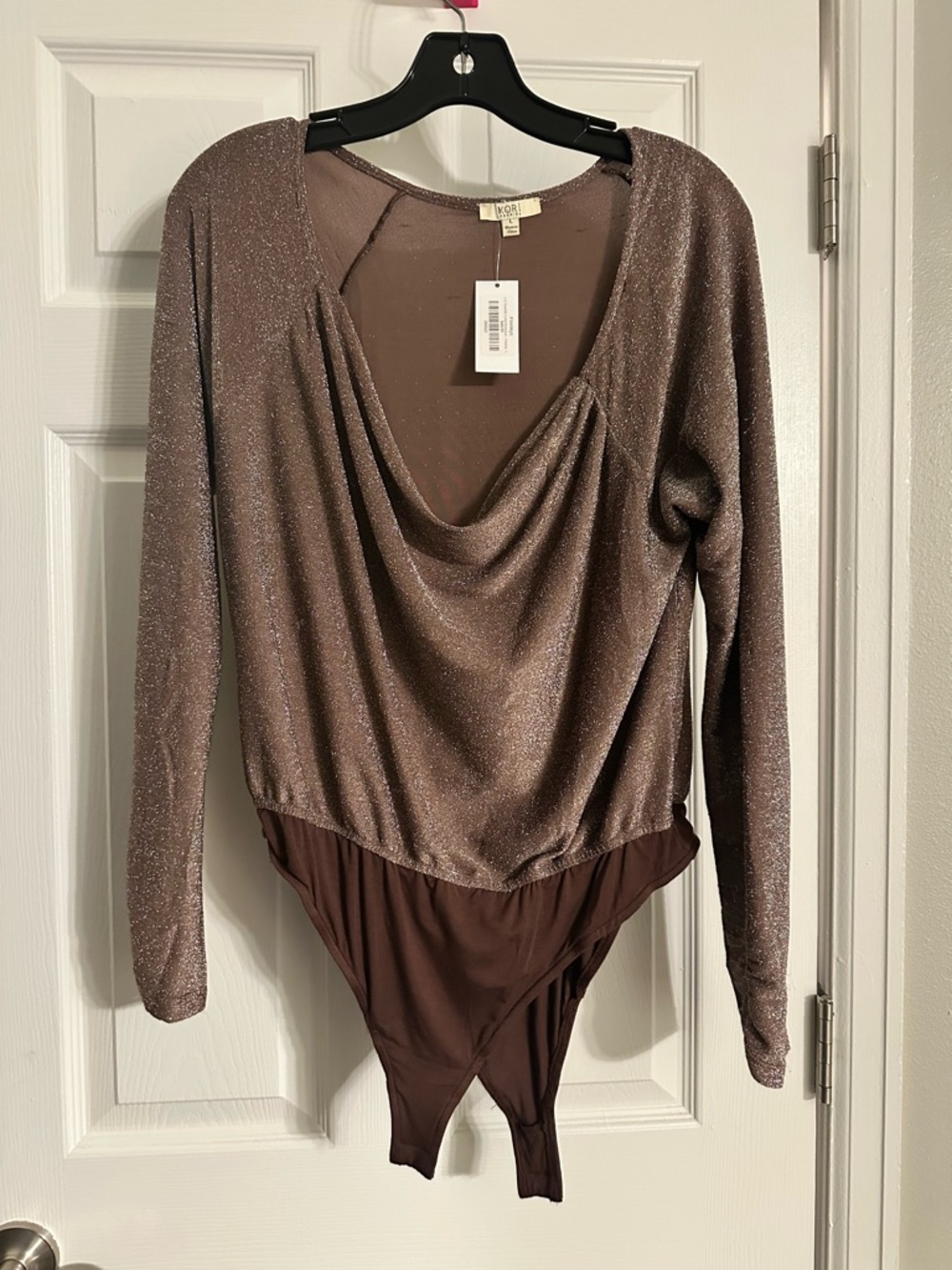 Kori Metallic Taupe Drape Neck Long-Sleeve Bodysuit